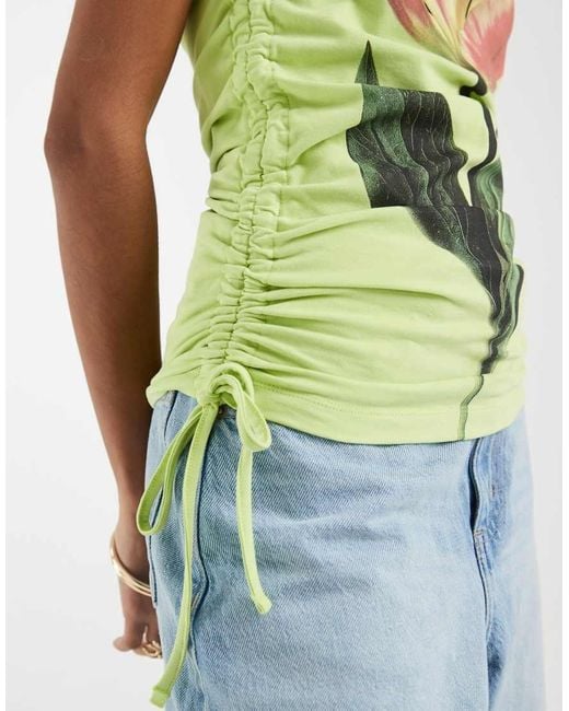 ASOS Green Ruched Side Boat Neck Vest With Flower Graphic