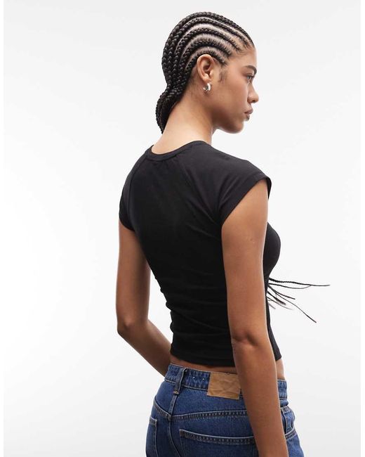 & Other Stories Black Jersey Slim Fit Crew Neck Top With Cap Sleeves