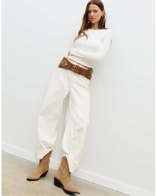 Stradivarius Natural Split Leather Cowboy Ankle Boots