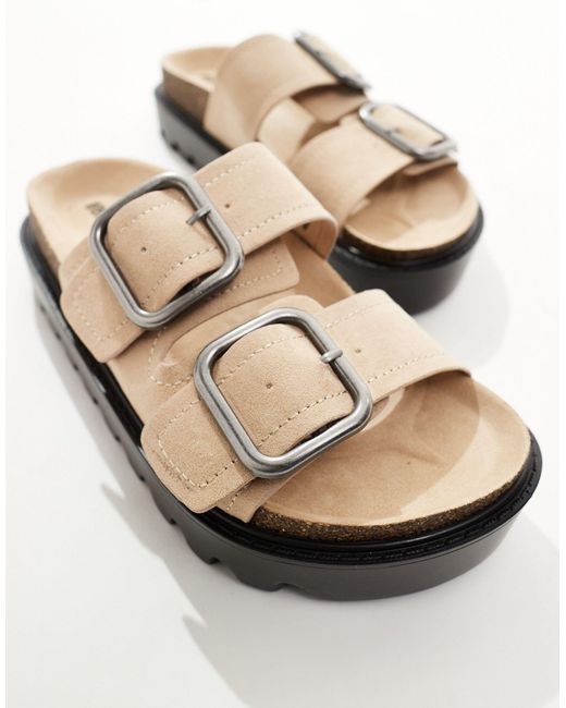 Pull&Bear Brown Faux Suede Double Strap Sandals