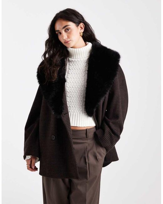 ASOS Oversized Pea Coat Van Wolmix Met Kraag Van Imitatiebont En Heritage Ruitje in het Black