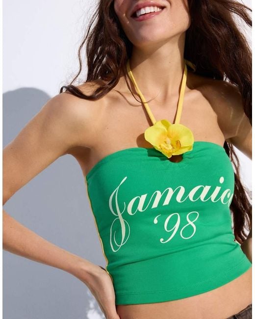 Bershka Green Halter Top With Floral Print