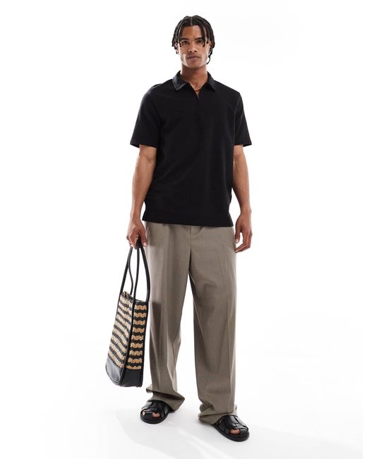 Jack & Jones Black Textured Zip Polo for men