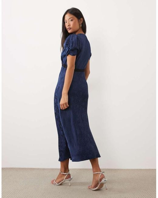 Nobody's Child Petite Blue Nicolette Satin Jacquard Lace-detail Plunge Neck Cap Sleeve Midi Dress