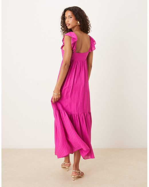 Mango Pink Cap Sleeve Ruffle Midi Dress
