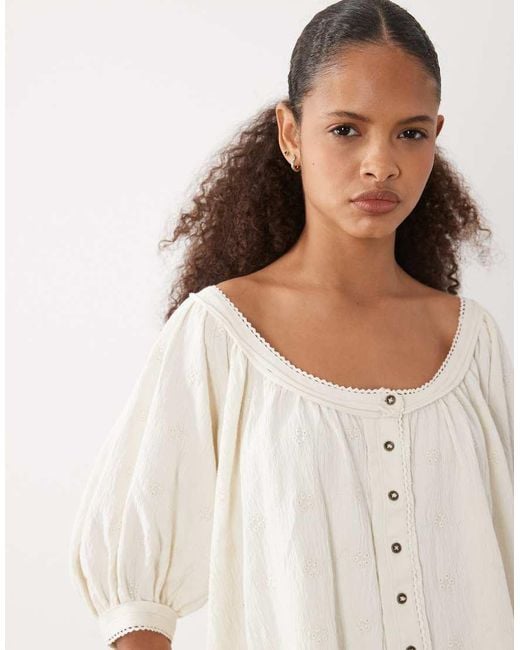ASOS White Button Through Blouson Sleeve Broderie Top
