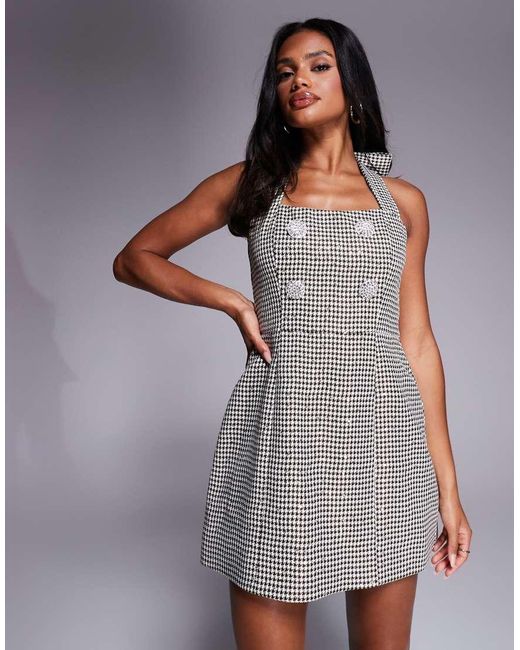 ASOS Mini Jurk Met Lovertjes, Halternek, Versierde Knopen En Pied-De-Poule in het Gray