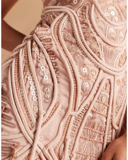 Robe bandeau courte et ornementée avec ourlet à franges - bronze ASOS en coloris Natural