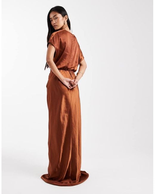 Six Stories Red Bridesmaid Ruched Drape Satin Maxi Dress