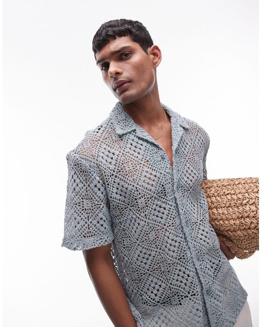 Topman Gray Short Sleeve Grid Crochet Shirt for men