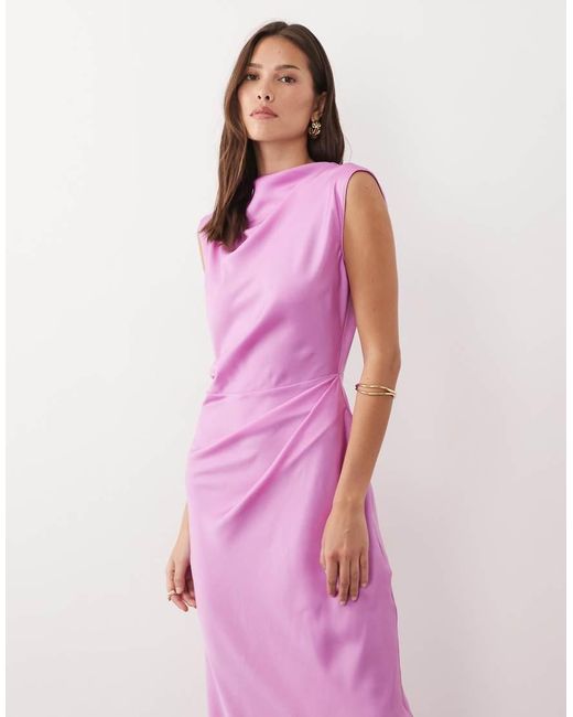 ASOS Pink Satin High Neck Pleated Bodice Midi Dress