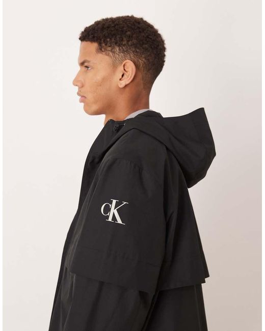 Calvin Klein Black Ripstop Oversized Windbreaker Jacket With Hood for men