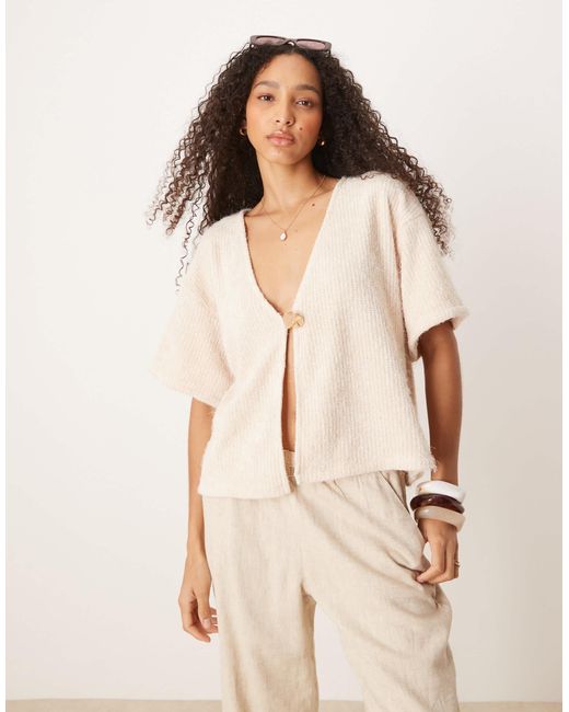 ASOS Natural Fluffy Chenille Short Sleeve Cardigan With Gold Detail Button