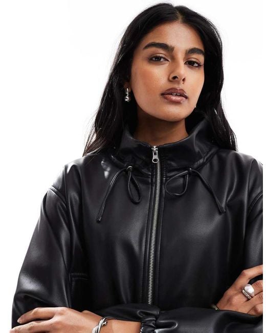ASOS Black Leather Look Ruched Funnel Neck Bomber Jacket