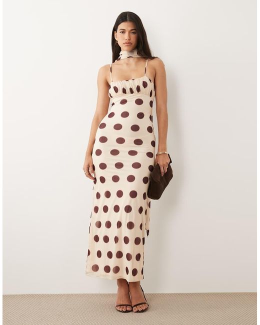 ASOS Pink Ruched Bust Polka Dot Printed Strappy Maxi Dress With Scarf Detail