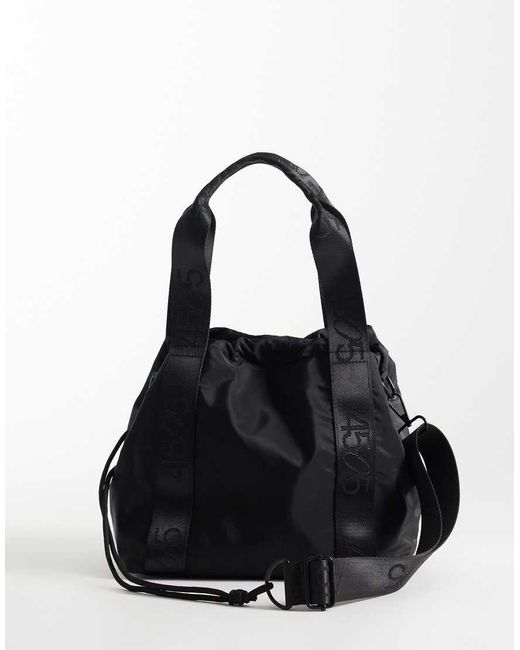 4505 Black Woven Adjustable Drawstring Bucket Bag With External Pocket