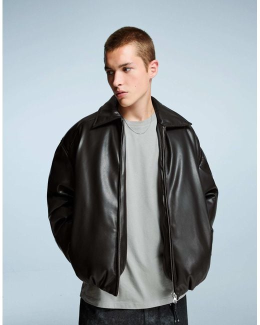 Bershka – steppjacke aus kunstleder in Gray für Herren