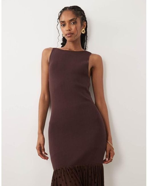 Pretty Lavish Brown Rebecca Knitted Slash Neck Sheer Drop Hem Maxi Dress