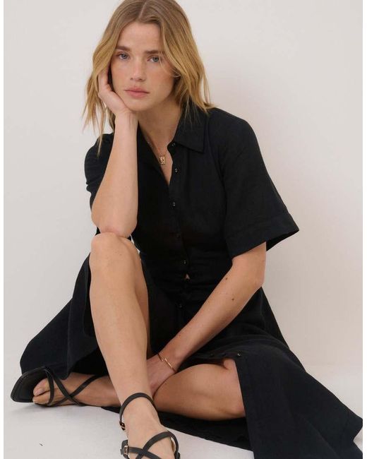 Nobody's Child Black Short Sleeve Linen-Blend Dillon Shirt Dress