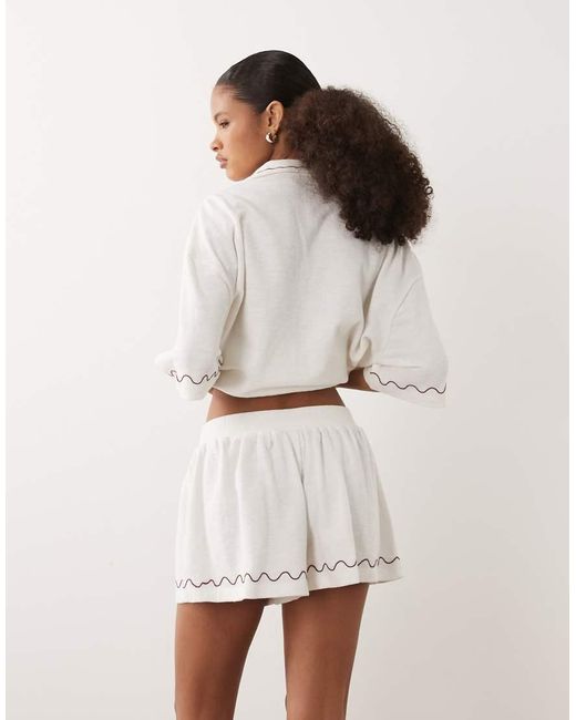ASOS Natural Textured Jersey Short Co-Ord With Burgundy Embroidery