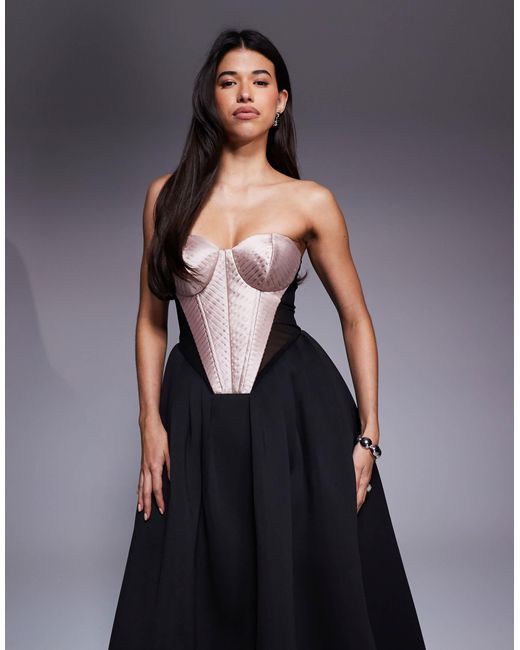 ASOS Blue Premium Bandeau Satin Corseted Maxi Dress With Full Skirt