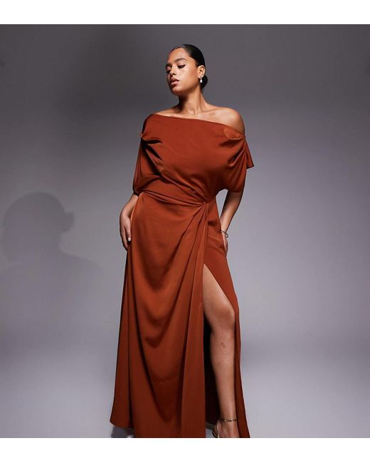 ASOS Brown Asos Design Curve Exclusive Satin Fallen Shoulders Side Slit Maxi Dress