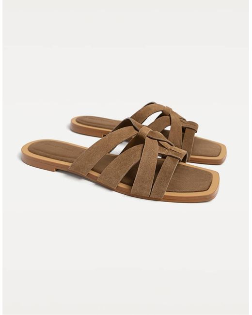 Stradivarius Brown Flat Split Leather Sandals