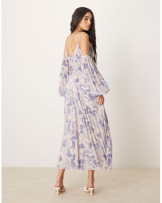 ASOS Pink – plissiertes bardot-midaxikleid mit blumenprint und tiefem ausschnitt