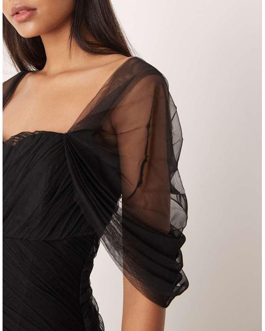LACE & BEADS Black Asymmetric Ruffle Tulle Maxi Dress
