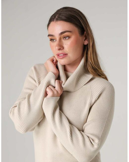 French Connection Natural Cosy Ribbed Cowl Neck Long Sleeve Mini Dress