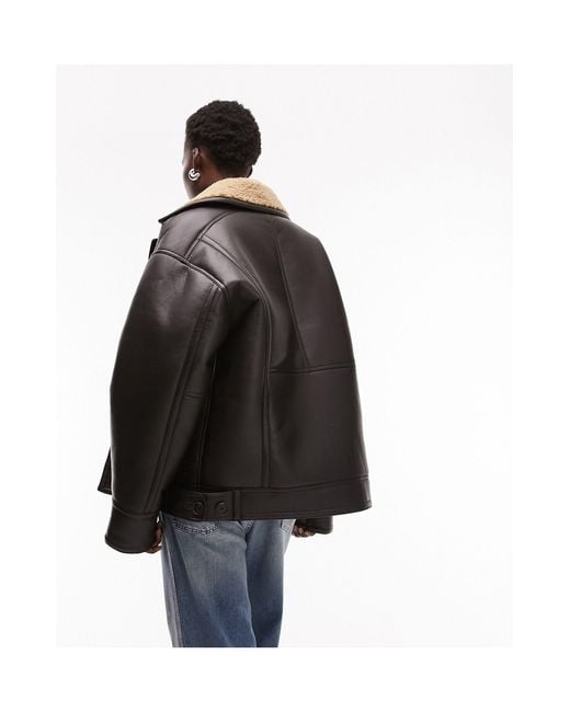 TOPSHOP Black Faux Leather Shearling Oversized Car Coat With Borg Lining