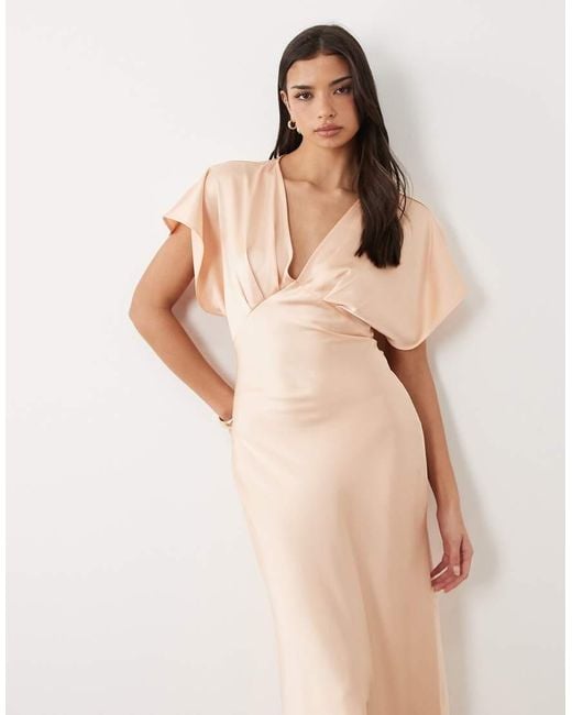 Gina Tricot Natural Batwing Plunge Satin Maxi Dress