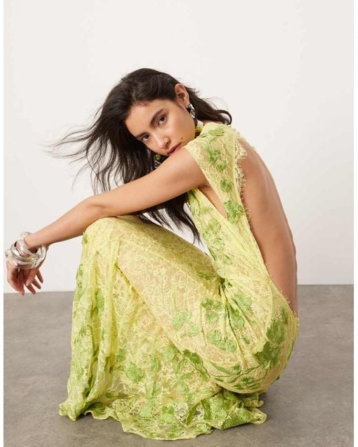 ASOS Sheer Embroidered Floral Lace Open Back Maxi Dress in Green Lyst UK