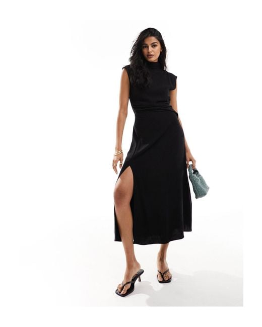 ASOS Black Linen High Neck Grown On Sleeve Midi Dress With Open Back And Button Neck Detail