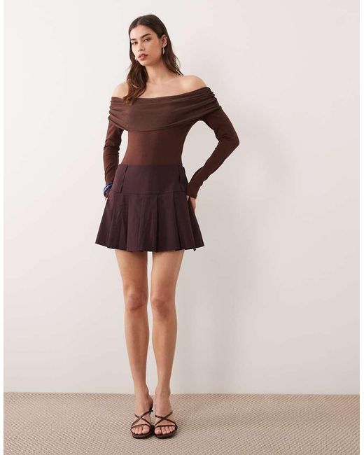 ASOS Brown Mesh Bardot Long Sleeve Bodysuit With Cotton Body