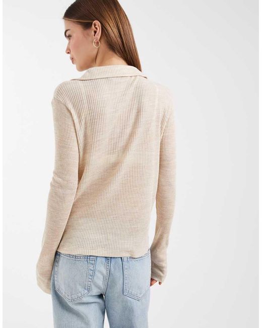 ASOS Natural Sheer Ribbed Collared Long Sleeve With V Neck Top