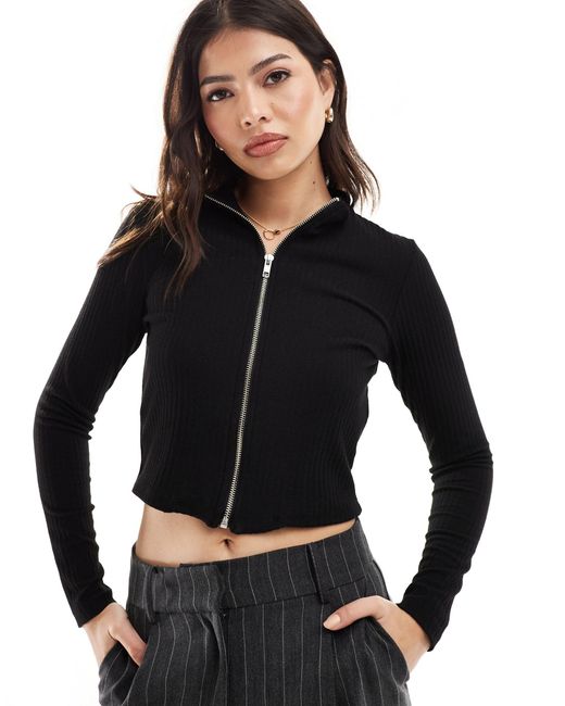 ONLY Black Ribbed Zip Through Top