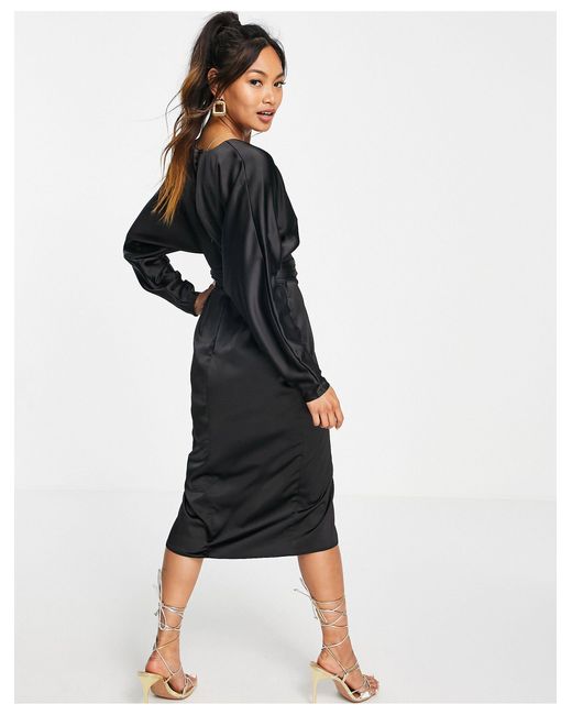 ASOS Black Satin Midi Dress With Batwing Sleeve And Wrap Waist