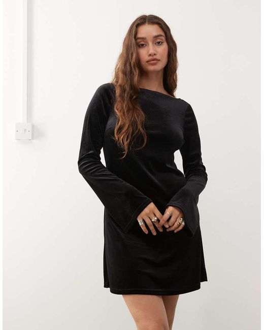 Monki Black Long Sleeve Velvet Mini Dress