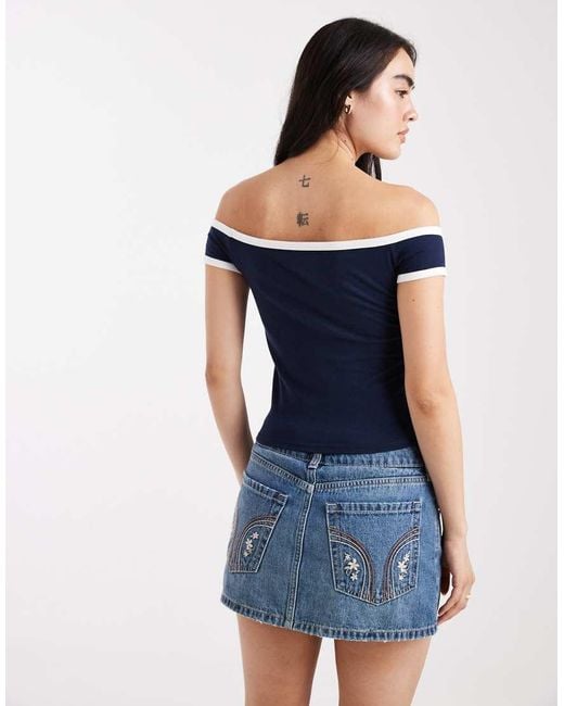 Hollister Blue Short Sleeve Off The Shoulder Graphic T-shirt