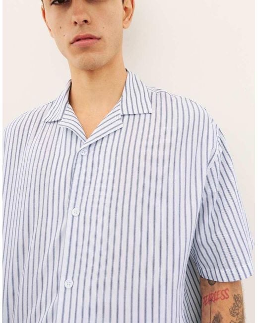 Pull&Bear Blue Short Sleeve Poplin Shirt for men