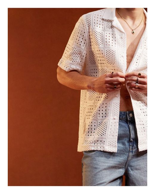 ASOS Brown Relaxed Crochet Shirt With Revere Collar for men