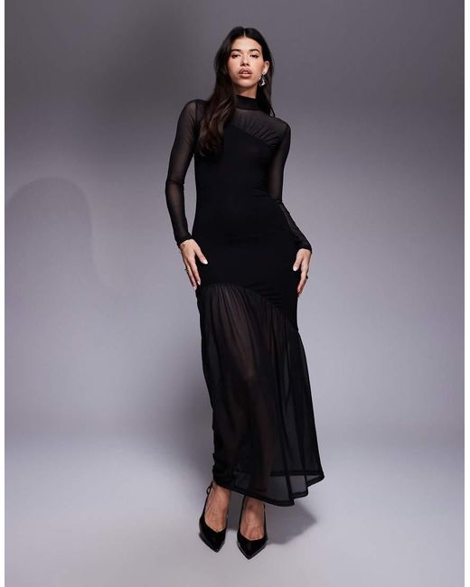 ASOS Sheer Panelled Mesh High Neck Maxi in Black | Lyst UK