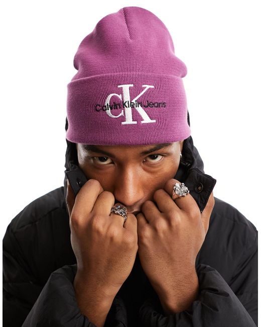 Calvin Klein Purple Monogram Logo Embroidered Beanie for men