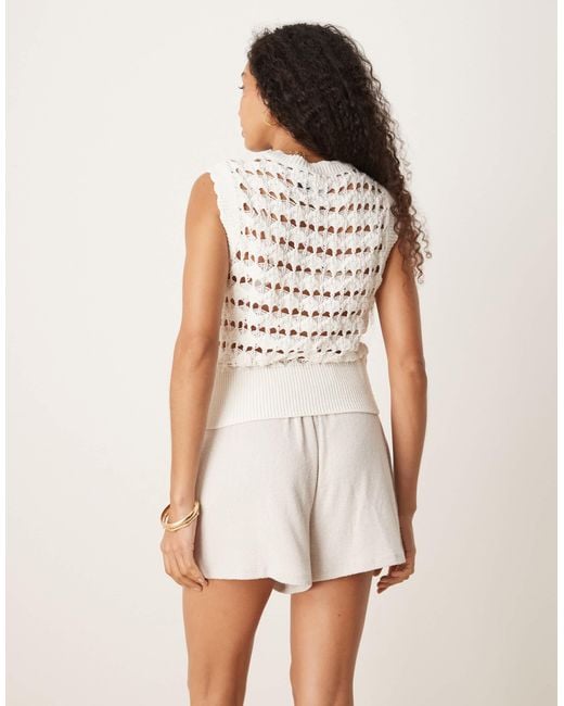 ASOS White Crochet Knitted Waistcoat With Scallop Trim And Gold Buttons