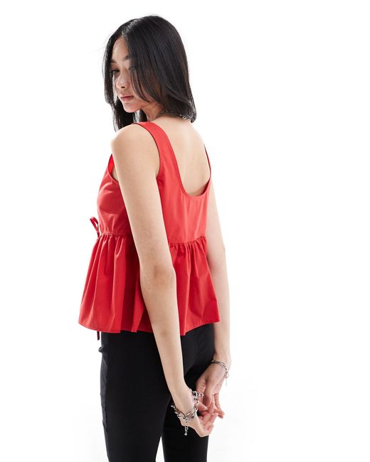 Collusion Red Poplin Smock Top With Tie Detail