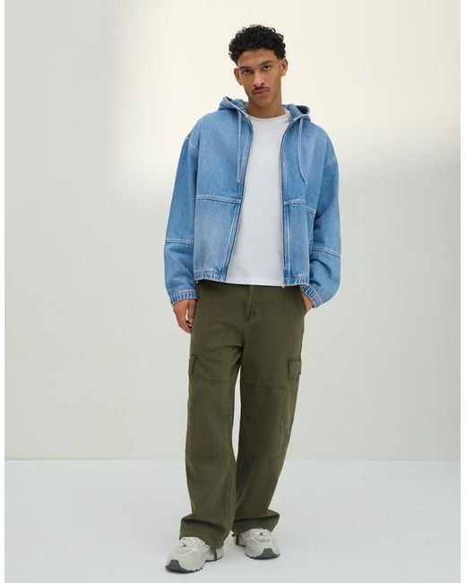 Bershka Blue Hooded Denim Jacket for men