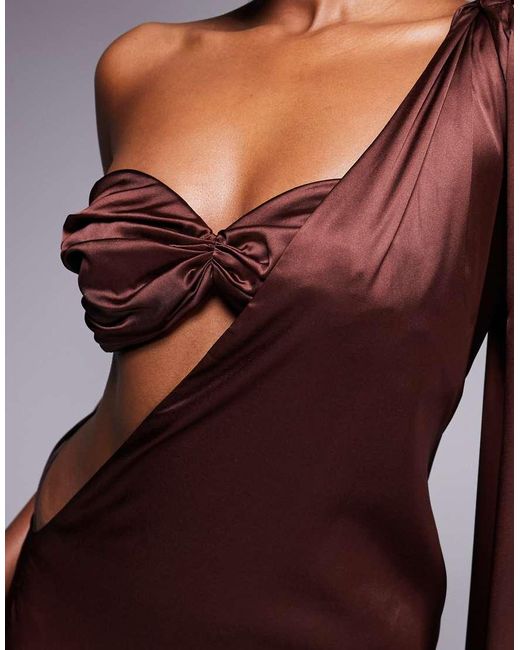 The Dolls House Brown Anthia Asymmetric Satin Maxi Dress
