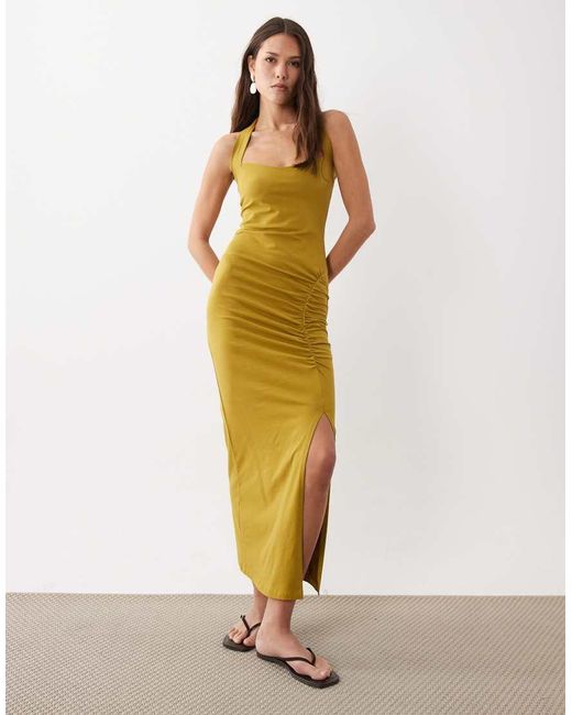 ASOS Metallic Halter Neck Ruched Front Midi Dress