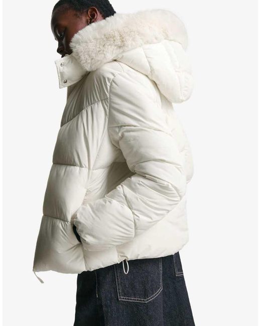 Bershka Natural Puffer Jacket With Faux Fur Hood